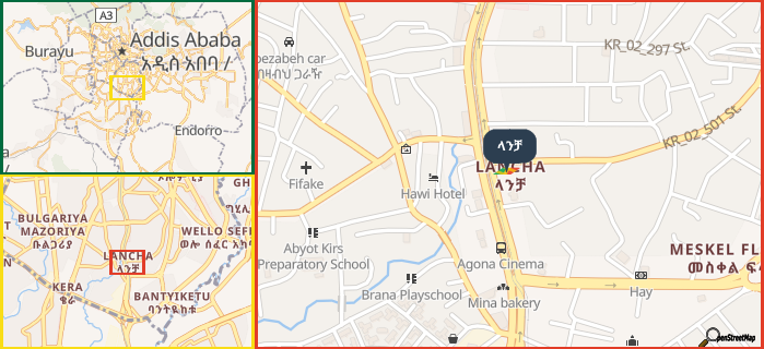 Map showing the address of ላንቻ in three different zoom levels.