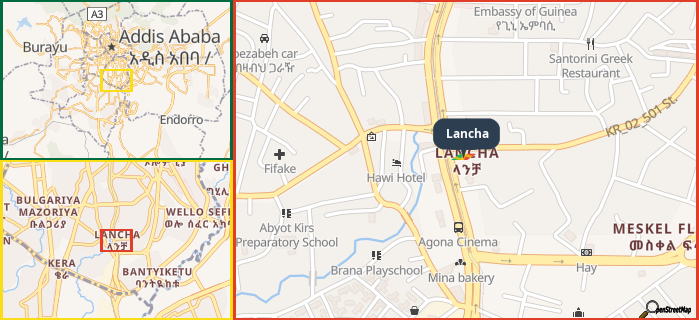 Map showing the address of Lancha in three different zoom levels.