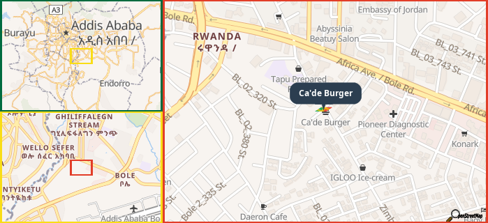 Map showing the address of Ca'de Burger in three different zoom levels.