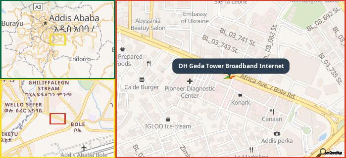 Map showing the address of DH Geda Tower Broadband Internet in three different zoom levels.