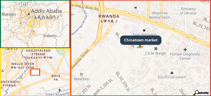 Map showing the address of Chinatown market in three different zoom levels.