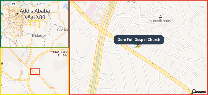 Map showing the address of Goro Full Gospel Church in three different zoom levels.