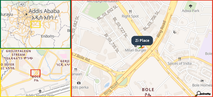 Map showing the address of Zi Place in three different zoom levels.