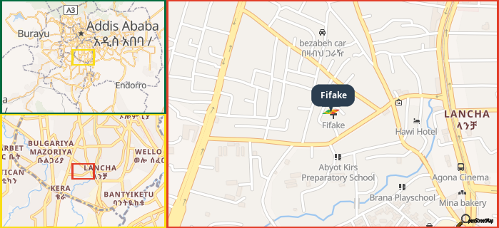 Map showing the address of Fifake in three different zoom levels.