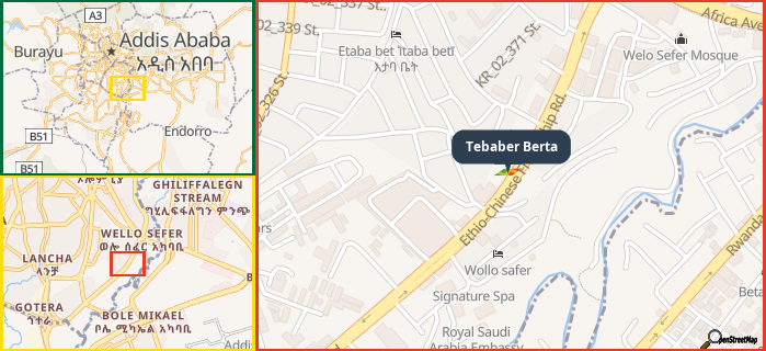 Map showing the address of Tebaber Berta in three different zoom levels.
