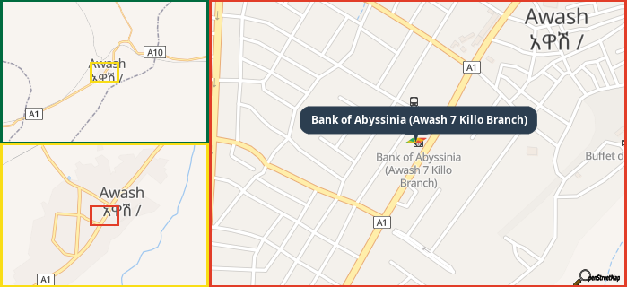 Map showing the address of Bank of Abyssinia (Awash 7 Killo Branch) in three different zoom levels.