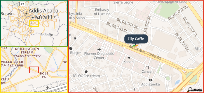 Map showing the address of Illy Caffe in three different zoom levels.