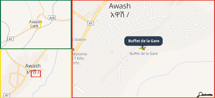 Map showing the address of Buffet de la Gare in three different zoom levels.