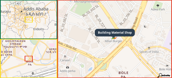 Map showing the address of Building Material Shop in three different zoom levels.