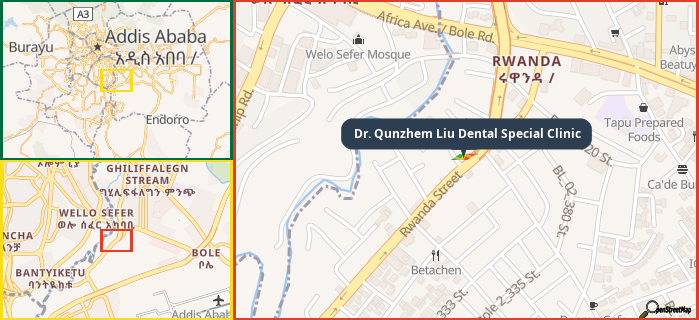 Map showing the address of Dr. Qunzhem Liu Dental Special Clinic in three different zoom levels.
