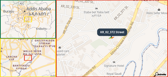 Map showing the address of KR_02_372 Street in three different zoom levels.