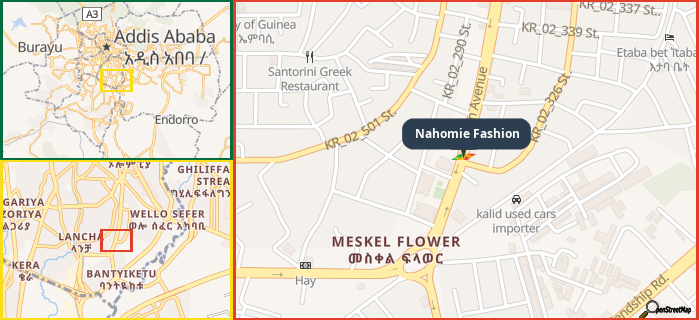 Map showing the address of Nahomie Fashion in three different zoom levels.