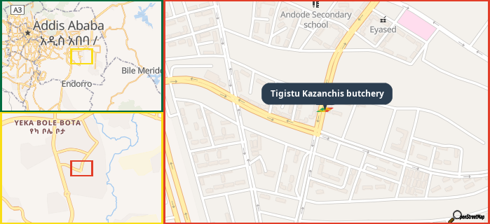 Map showing the address of Tigistu Kazanchis butchery in three different zoom levels.