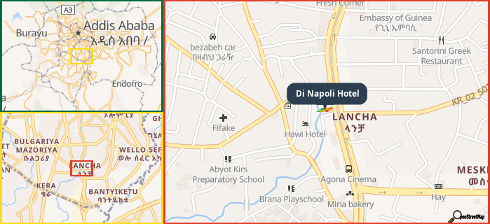 Map showing the address of Di Napoli Hotel in three different zoom levels.