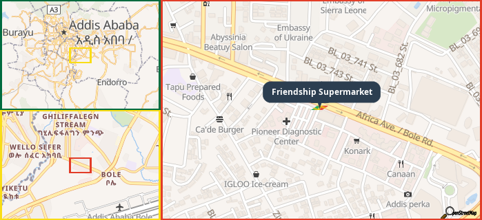 Map showing the address of Friendship Supermarket in three different zoom levels.