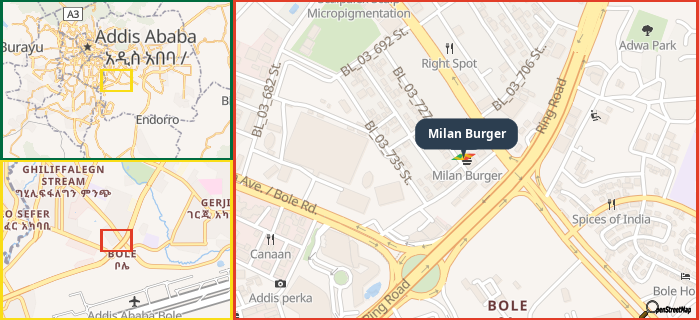 Map showing the address of Milan Burger in three different zoom levels.