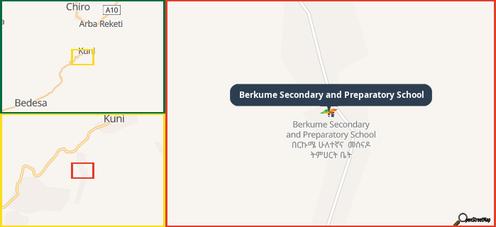 Map showing the address of Berkume Secondary and Preparatory School in three different zoom levels.