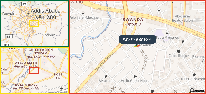 Map showing the address of ጂያን ናን ዪ ሬስቶራንት in three different zoom levels.