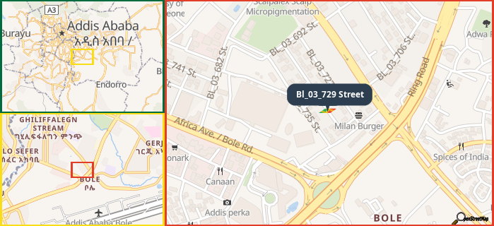 Map showing the address of Bl_03_729 Street in three different zoom levels.