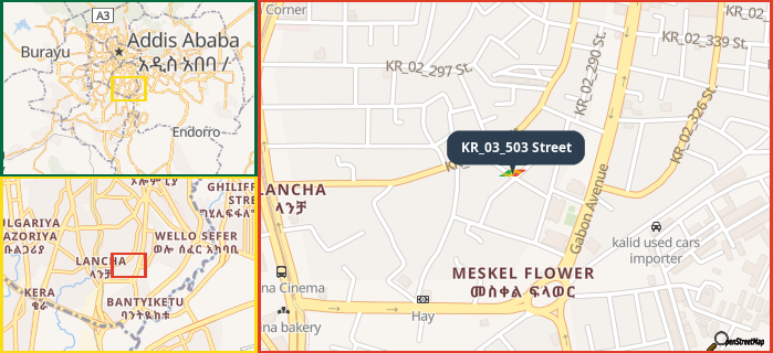 Map showing the address of KR_03_503 Street in three different zoom levels.