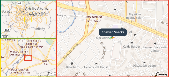 Map showing the address of Shaxian Snacks in three different zoom levels.