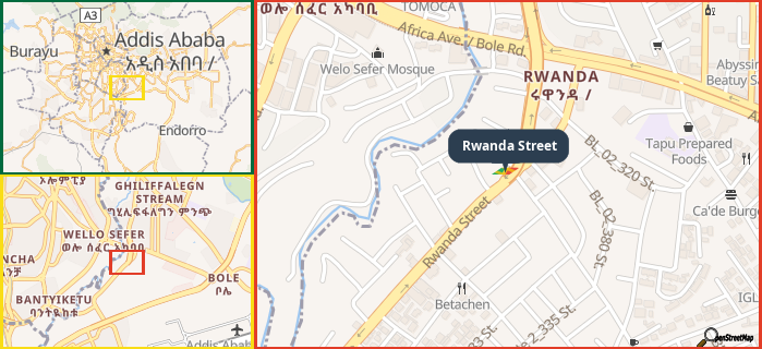 Map showing the address of Rwanda Street in three different zoom levels.