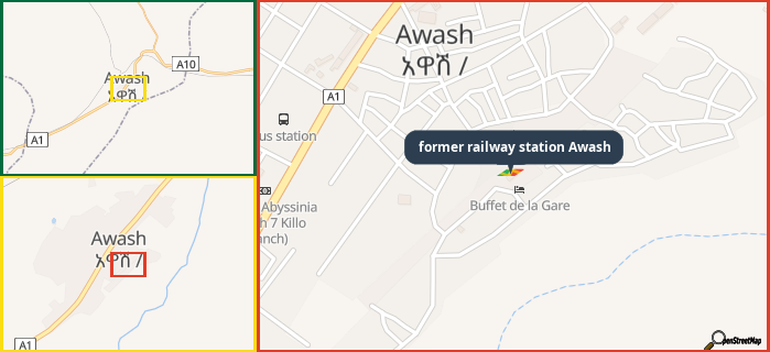 Map showing the address of former railway station Awash in three different zoom levels.