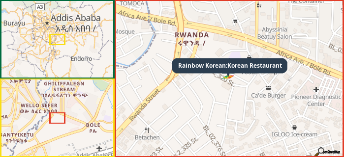 Map showing the address of Rainbow Korean;Korean Restaurant in three different zoom levels.