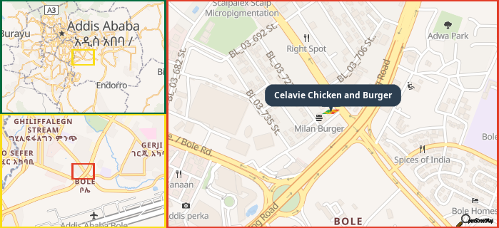 Map showing the address of Celavie Chicken and Burger in three different zoom levels.