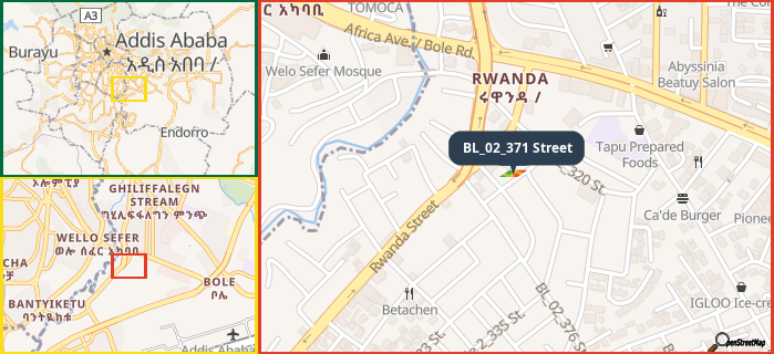 Map showing the address of BL_02_371 Street in three different zoom levels.