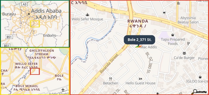Map showing the address of Bole 2_371 St. in three different zoom levels.