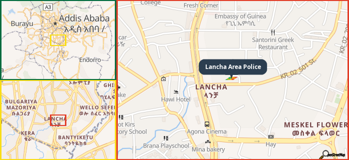 Map showing the address of Lancha Area Police in three different zoom levels.