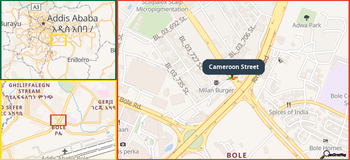 Map showing the address of Cameroon Street in three different zoom levels.