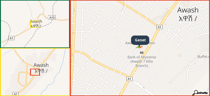 Map showing the address of Genet in three different zoom levels.