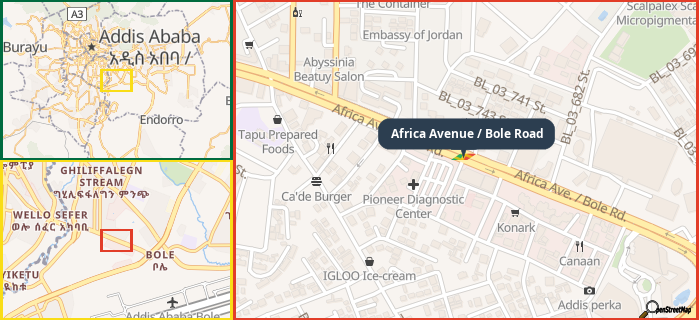 Map showing the address of Africa Avenue / Bole Road in three different zoom levels.