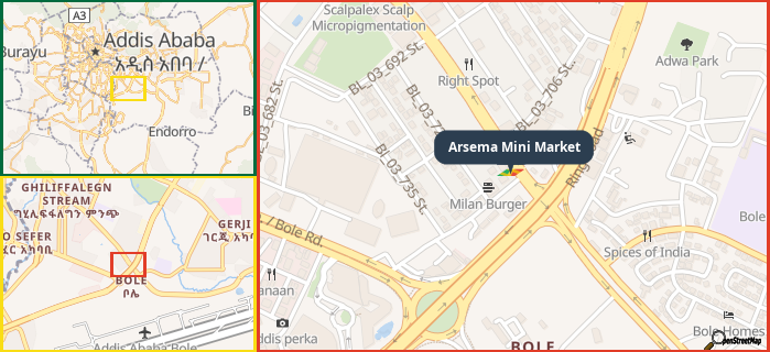 Map showing the address of Arsema Mini Market in three different zoom levels.