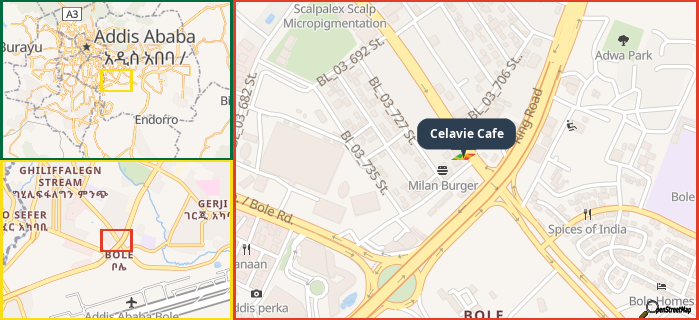 Map showing the address of Celavie Cafe in three different zoom levels.