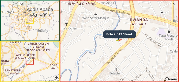 Map showing the address of Bole 2_312 Street. in three different zoom levels.