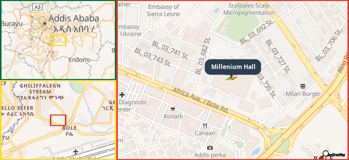 Map showing the address of Millenium Hall in three different zoom levels.