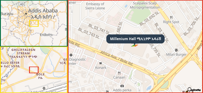 Map showing the address of Millenium Hall ሚሊኒየም አዳራሽ in three different zoom levels.