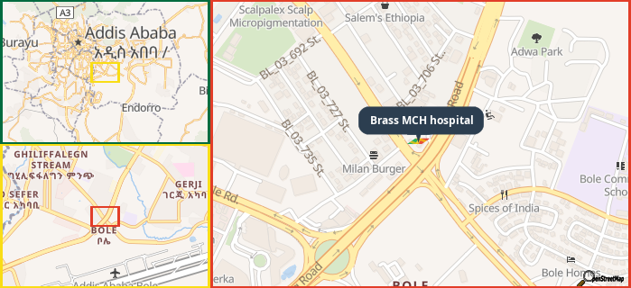 Map showing the address of Brass MCH hospital in three different zoom levels.