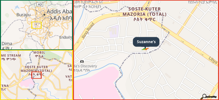 Map showing the address of Suzanne's in three different zoom levels.