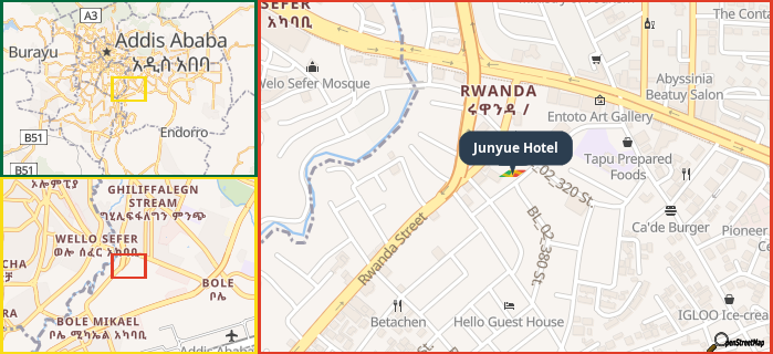 Map showing the address of Junyue Hotel in three different zoom levels.