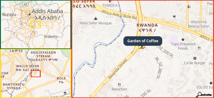 Map showing the address of Garden of Coffee in three different zoom levels.