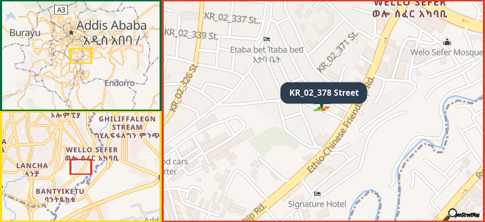 Map showing the address of KR_02_378 Street in three different zoom levels.