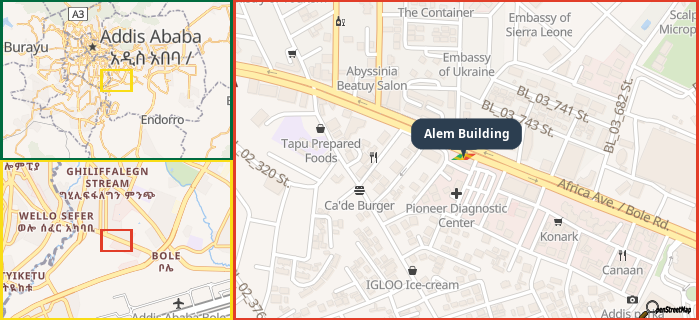 Map showing the address of Alem Building in three different zoom levels.