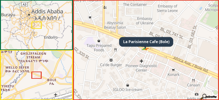 Map showing the address of La Parisienne Cafe (Bole) in three different zoom levels.