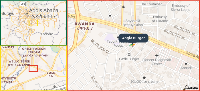 Map showing the address of Angla Burger in three different zoom levels.