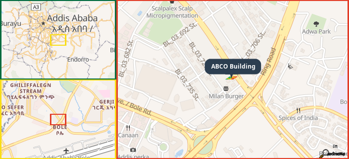 Map showing the address of ABCO Building in three different zoom levels.