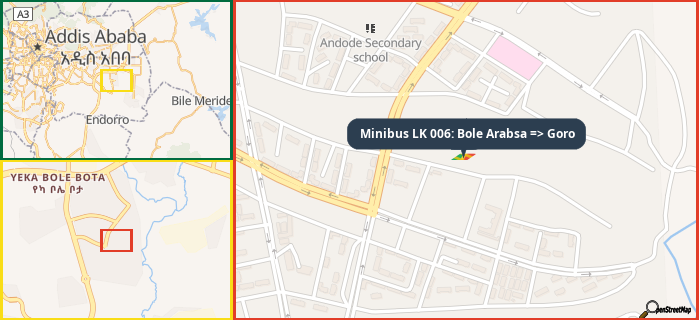 Map showing the address of Minibus LK 006: Bole Arabsa => Goro in three different zoom levels.